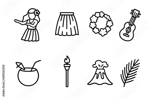 Polynesian Dance Icons. Outline icon set of Polynesian dance: hula dancer, grass skirt, flower lei, ukulele,