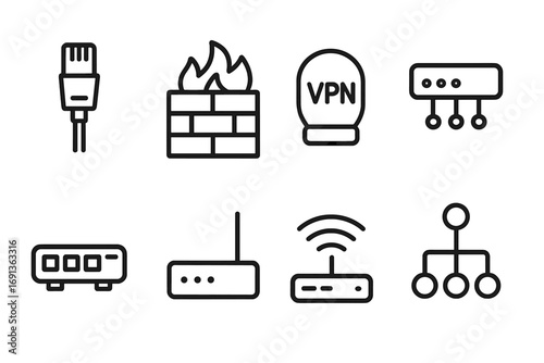 Server Networking Icons. Outline icon set of server networking: Ethernet cable, firewall, VPN, load balancer, switch, router,