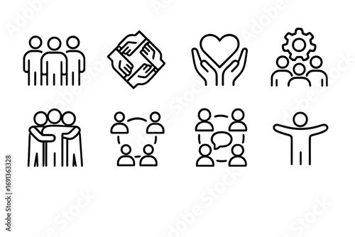Community Support Icons. Outline icon set of community support: group of people, circle of hands, shared heart
