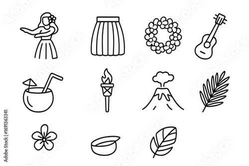Polynesian Dance Icons. Outline icon set of Polynesian dance: hula dancer, grass skirt, flower lei, ukulele,