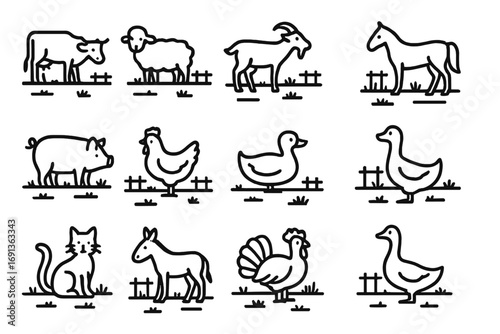 Farm Animals Icons. Outline icon set of farm animals in pastures: cow, sheep, goat, horse, pig, chicken, duck, dog, cat, donkey,