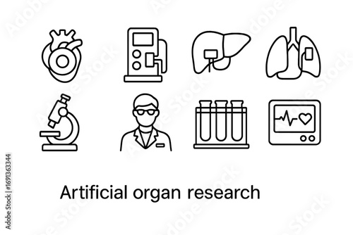 Artificial Organ Icons. Outline icon set of artificial organ research: artificial heart, kidney machine, liver
