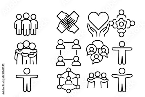 Community Support Icons. Outline icon set of community support: group of people, circle of hands, shared heart