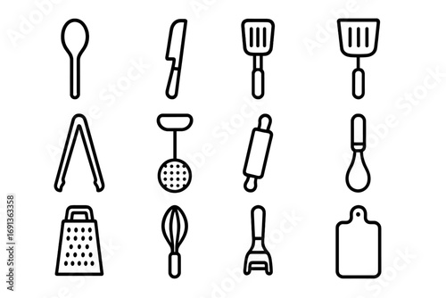 Farm Kitchen Utensils. Outline icon set of Farm kitchen utensils: wooden spoon, ladle, carving knife, spatula, tongs, potato