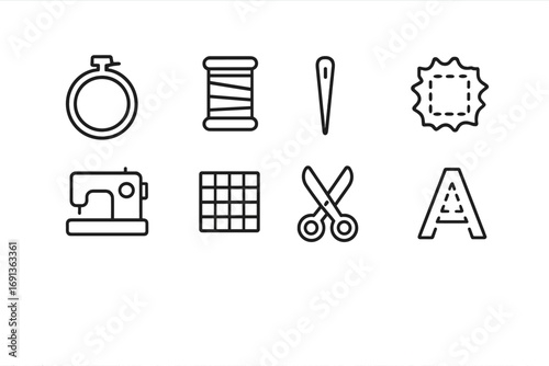 Embroidery Icons Grid. Outline icon set of embroidery design: embroidery hoop, thread spool, needle, fabric