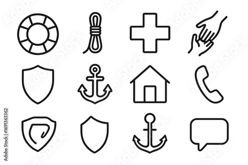 Crisis Support Icons. Outline icon set of support in crisis: lifebuoy, helping rope, first aid cross, rescue