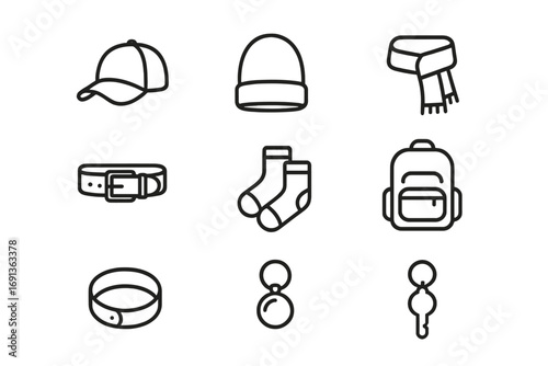 Clothing Icon Set. Outline icon set of clothing accessories: baseball cap, beanie, scarf, belt, socks,