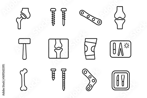 Orthopedic Implant Icons. Outline icon set of orthopedic implants: hip replacement, spinal screws, bone plate,