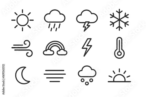 Farming Weather Icons. Outline icon set of weather in farming: sun, rain cloud, storm cloud, snowflake, wind swirl, rainbow,