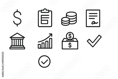 Grant Application Icons. Outline icon set of grant applications and funding: dollar sign, clipboard, coin