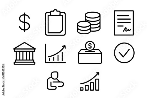 Grant Application Icons. Outline icon set of grant applications and funding: dollar sign, clipboard, coin