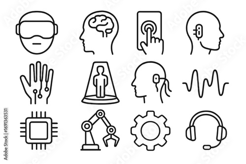 Human-Machine Interface Icons. Outline icon set of human-machine interface: VR headset, neural link, touch