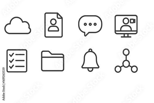 Online Collaboration Icons. Outline icon set of online academic collaboration tools: cloud storage, shared