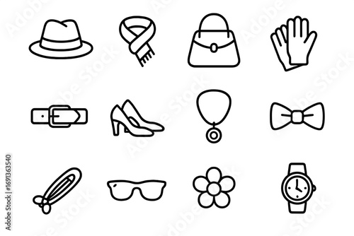 Fashion Accessory Icons. Outline icon set of accessories for custom garments: hat, scarf, handbag, gloves, belt, shoes, jewelry,