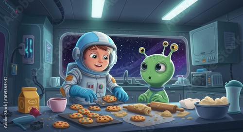 A joyful astronaut cartoon child and their curious alien friend collaborate on a delightful cookie baking project aboard a futuristic spaceship, sharing intergalactic kitchen fun