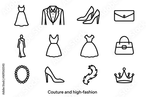Fashion Icon Set. Outline icon set of couture and high fashion: evening gown, tuxedo, high heels, clutch bag, runway model,
