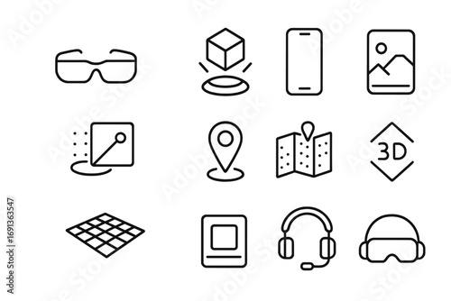 Augmented Reality Icons. Outline icon set of augmented reality: AR glasses, hologram cube, smartphone, digital