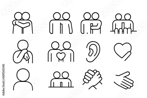 Supportive Friendship Icons. Outline icon set of two friends supporting each other: hugging figures, hand on