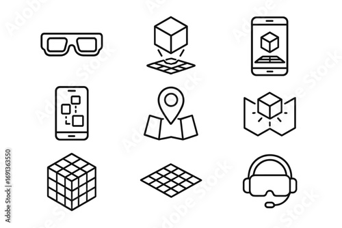 Augmented Reality Icons. Outline icon set of augmented reality: AR glasses, hologram cube, smartphone, digital
