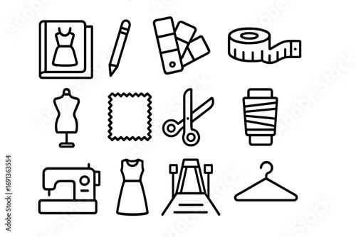 Fashion Design Icons. Outline icon set of fashion design process: sketchbook, pencil, color palette, measuring tape, mannequin,