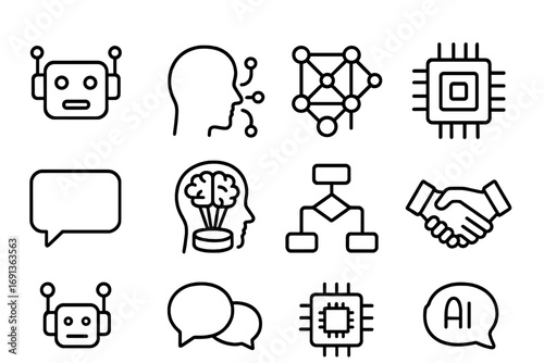 AI Integration Icons. Outline icon set of AI integration: robot face, human profile, neural net, chip, speech