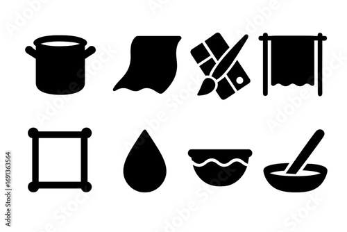 Silk Dyeing Icons. Solid, filled icon set of silk dyeing process: dye pot, silk fabric, color palette, paintbrush, drying rack,