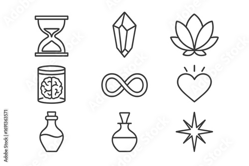 Immortality Quest Icons. Outline icon set of immortality quest: hourglass, crystal, lotus flower, brain