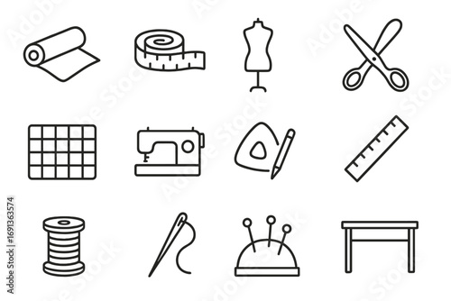 Fashion Designer Icons. Outline icon set of a fashion designer measuring fabric: fabric roll, measuring tape, mannequin, scissors,