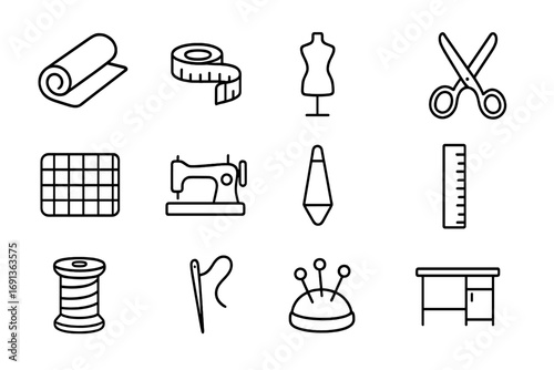 Fashion Designer Icons. Outline icon set of a fashion designer measuring fabric: fabric roll, measuring tape, mannequin, scissors,