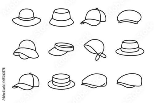 Fashion Hat Icons. Outline icon set of fashion headwear collection: sun hat, bucket hat, baseball cap, beret, cloche hat, visor,