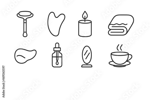 Beauty Ritual Icons. Outline icon set of beauty rituals: face roller, gua sha, candle, warm towel, eye patch,