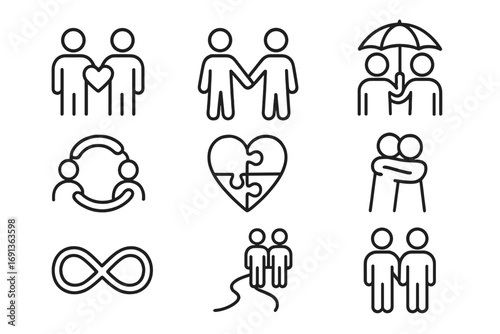 Friendship Bond Icons. Outline icon set of friendship bonds: two figures with heart, holding hands, infinity