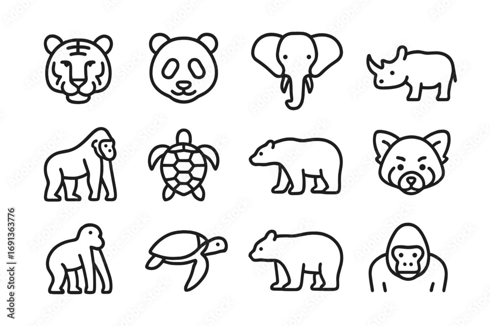 Obraz premium Endangered Species Icons. Outline icon set of endangered species in hotspots: tiger, panda, elephant, rhino,