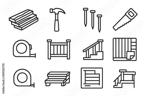Backyard Deck Icons. Outline icon set of adding a new deck to the backyard: wooden planks, hammer, nails, saw,
