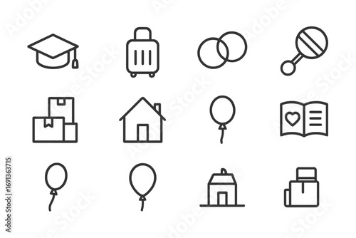 Friendship Milestone Icons. Outline icon set of friendship milestones: graduation cap, travel bag, wedding
