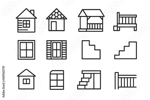 Home Upgrade Icons. Outline icon set of exterior home upgrades: new siding, roof shingles, porch, deck, window