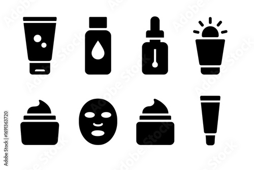 Skincare Icons Grid. Solid, filled icon set of cream related skincare: cleanser, toner, serum, sunscreen, exfoliator, mask,