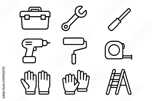 DIY Tools Icon Set. Outline icon set of DIY home improvement: toolbox, wrench, screwdriver, drill, paint