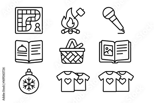 Fun Tradition Icons. Outline icon set of fun traditions: board game, campfire marshmallow, karaoke microphone,