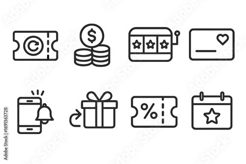 Slot Machine Icon Set. Outline icon set of slot machine promotions: free spin ticket, bonus cash, welcome bonus, loyalty card,