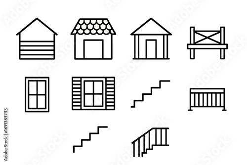 Home Upgrade Icons. Outline icon set of exterior home upgrades: new siding, roof shingles, porch, deck, window