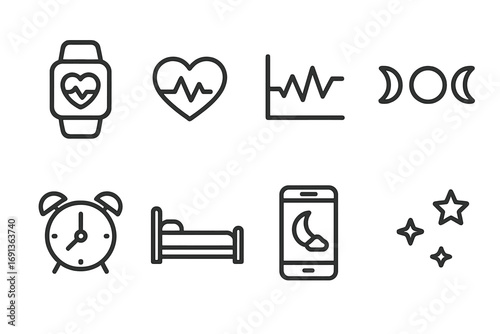 Sleep Tracking Icons. Outline icon set of sleep tracking: smartwatch, heartbeat, sleep graph, moon phases, alarm clock, bed, phone