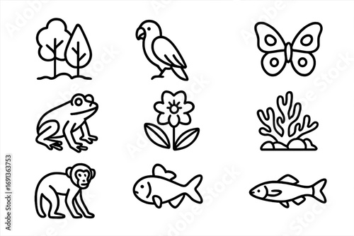 Biodiversity Hotspot Icons. Outline icon set of biodiversity hotspots: rainforest trees, exotic bird,