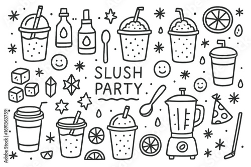 Slush Party Doodle. Hand-drawn doodle illustration slush party slush cups, straws, ice crystals, snowflakes, syrup bottles, fruit