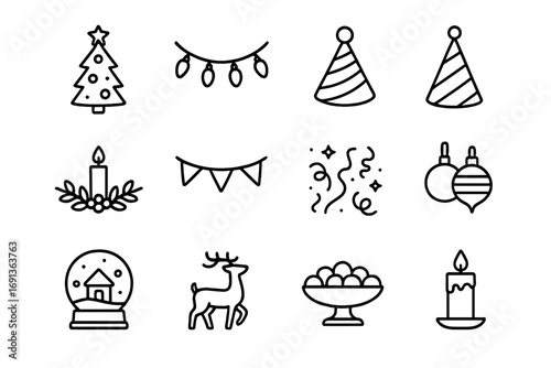 Festive Holiday Icons. Outline icon set of Holiday party exchange decorations: Christmas tree, garland, string lights, party hat,