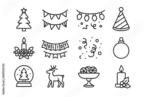 Festive Holiday Icons. Outline icon set of Holiday party exchange decorations: Christmas tree, garland, string lights, party hat,