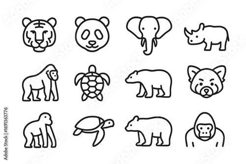 Endangered Species Icons. Outline icon set of endangered species in hotspots: tiger, panda, elephant, rhino,