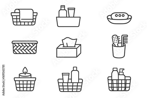 Bathroom Storage Icons. Outline icon set of bathroom storage: towel basket, toiletries bin, soap dish, woven
