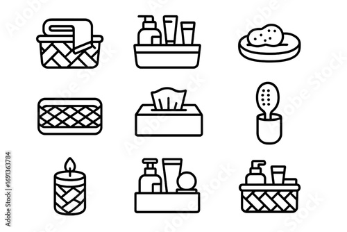 Bathroom Storage Icons. Outline icon set of bathroom storage: towel basket, toiletries bin, soap dish, woven