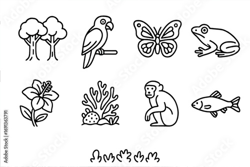 Biodiversity Hotspot Icons. Outline icon set of biodiversity hotspots: rainforest trees, exotic bird,